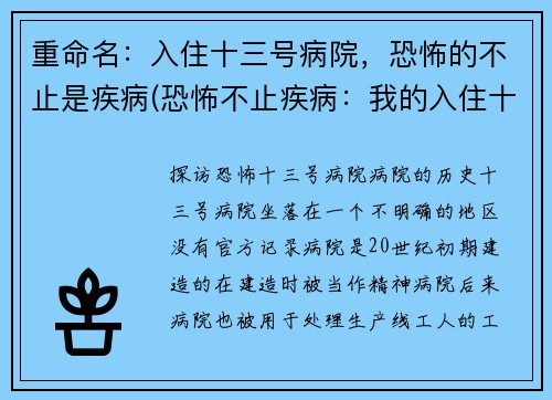 重命名：入住十三号病院，恐怖的不止是疾病(恐怖不止疾病：我的入住十三号病院之旅)